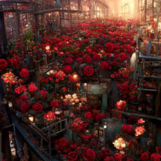 超广角视图，红玫瑰冰雪+工厂区域的美丽画作
