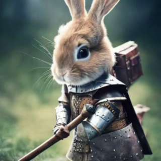 穿着中世纪盔甲的可爱的小兔子冒险家