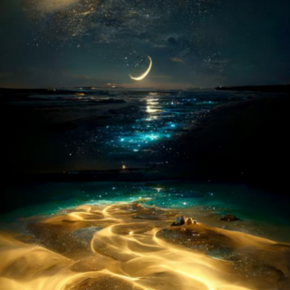 在夜空中，星星闪耀在丝绸般的沙滩上